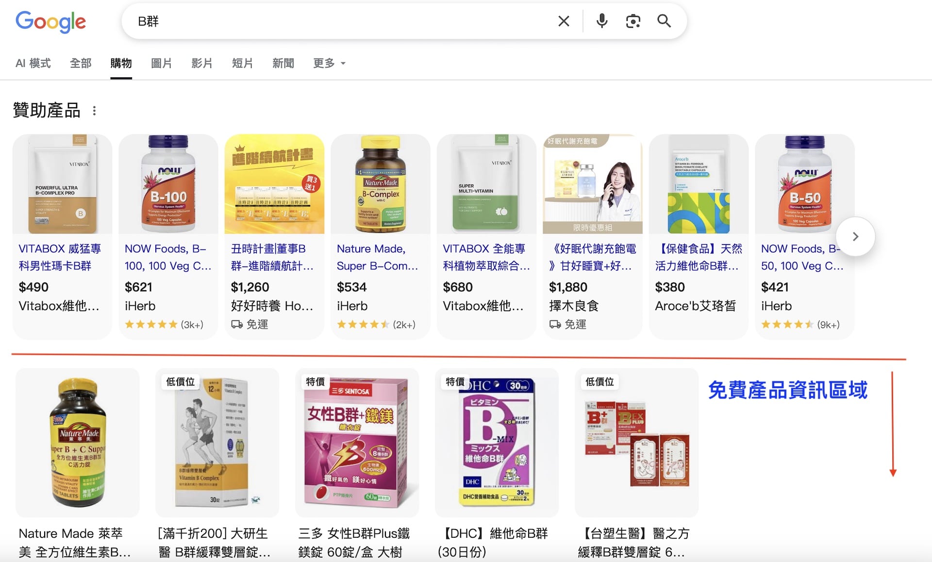 Google 搜尋購物分頁中的免費商品清單與產品比較界面